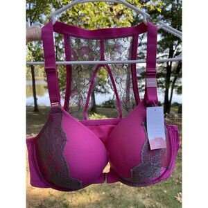 Cacique Boost Plunge Bra Fuchsia Lace Racer Back Front Hook Underwire 36 DDD NWT